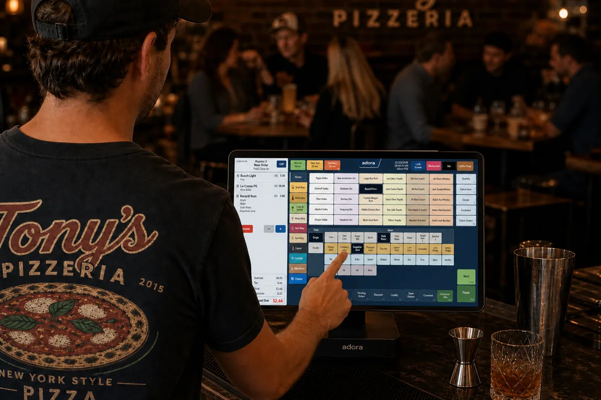 Tony's Pizzeria staff taking an order on Adora at the front of house